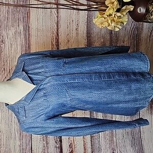 NEW LC LAUREN CONRAD DENIM BLUE WHITE POLKA DOTS BUTTON UP SHIRT